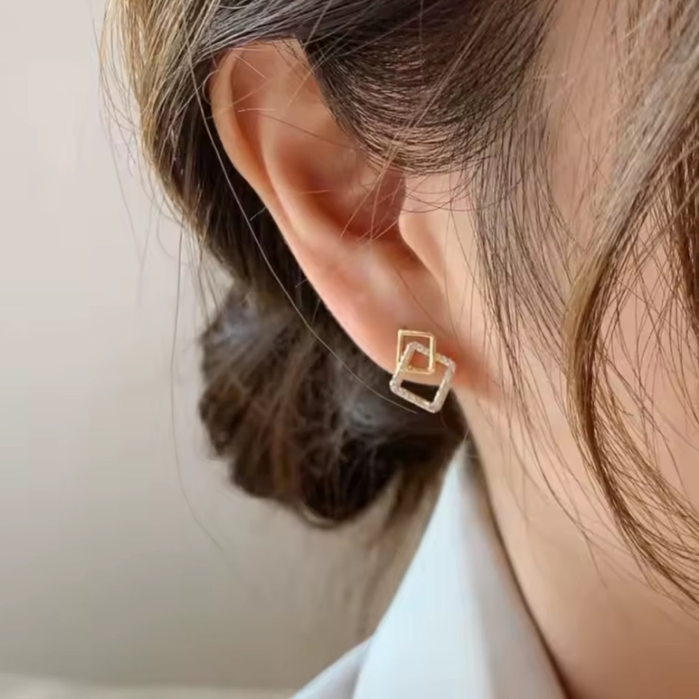 2/$10 NEW! Double Layer Square Stud Earrings Crystal Gold Geometric Boho Dainty